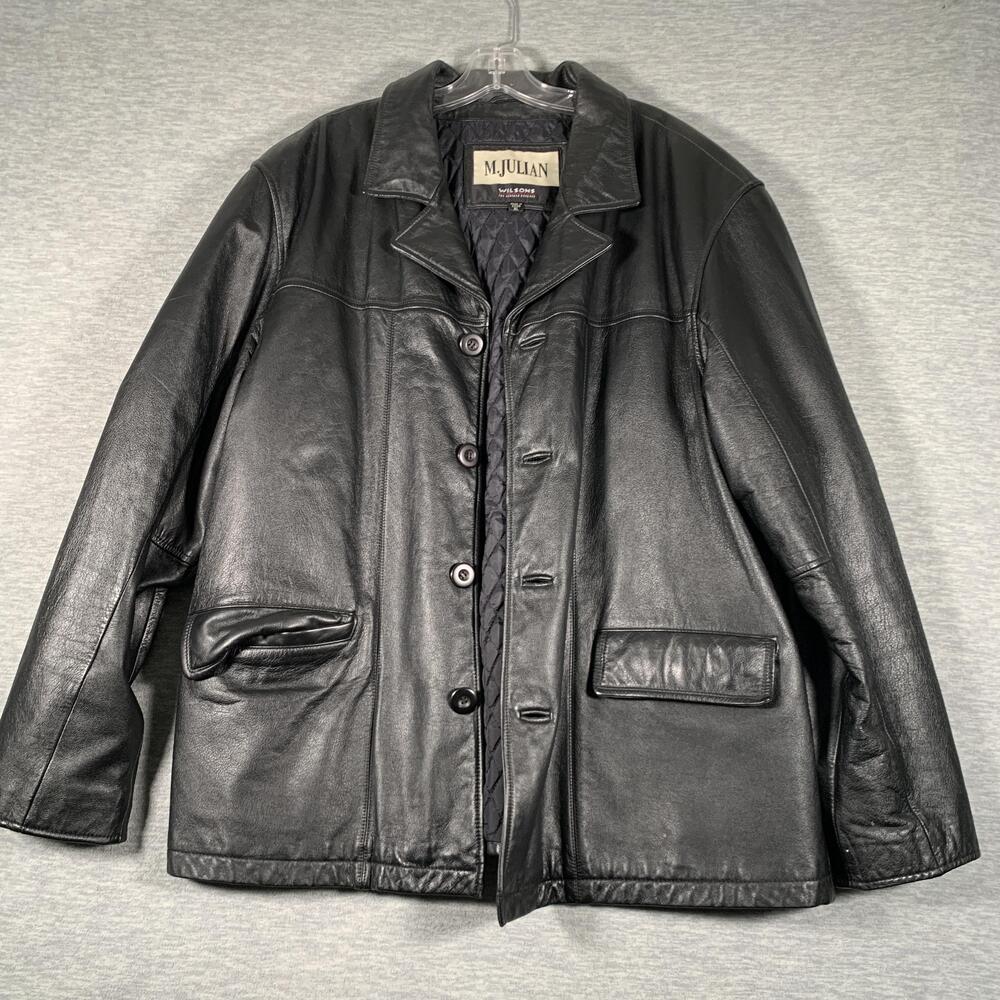 M. Julian Coat Mens XL Black Leather Button Overcoat Quilted Lined Pockets